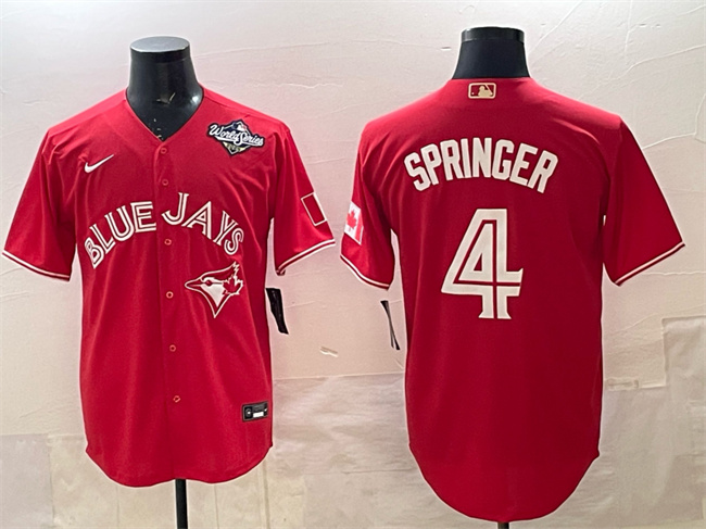 Men's Toronto Blue Jays #4 George Springer Red 2025 World Series Cool Base Stitched Baseball Jersey Men's Toronto Blue Jays #4 George Springer Red 2025 World Series Cool Base Stitched Baseball Jersey